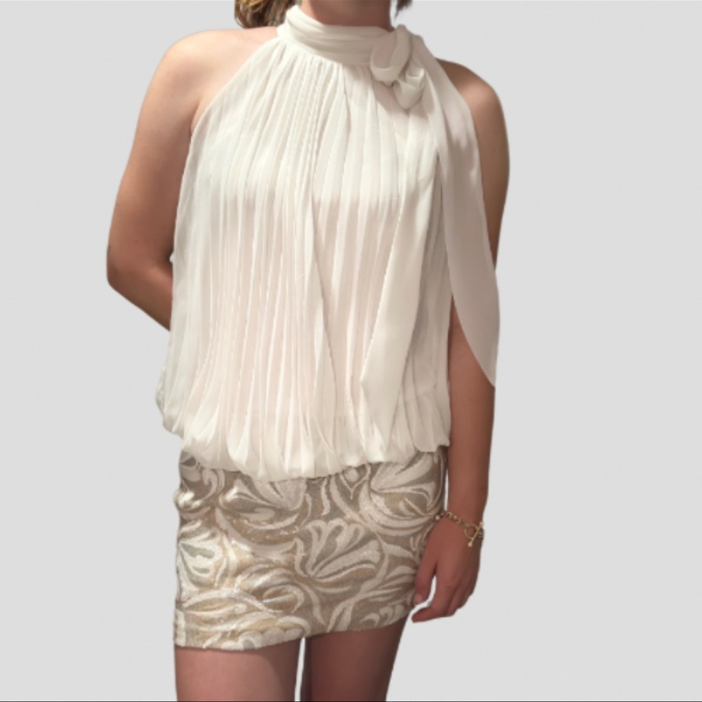 Cache Cream Chiffon Pleated Tie Neck Mini Party Dress with Sequins Print Skirt